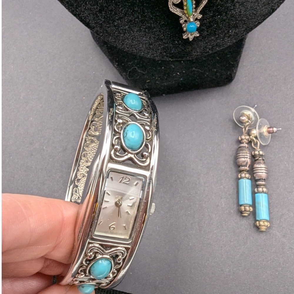 Turquoise Southwestern Cross Necklace Bracelet Earrings Watch Set Women Boho - Picture 5 of 6
